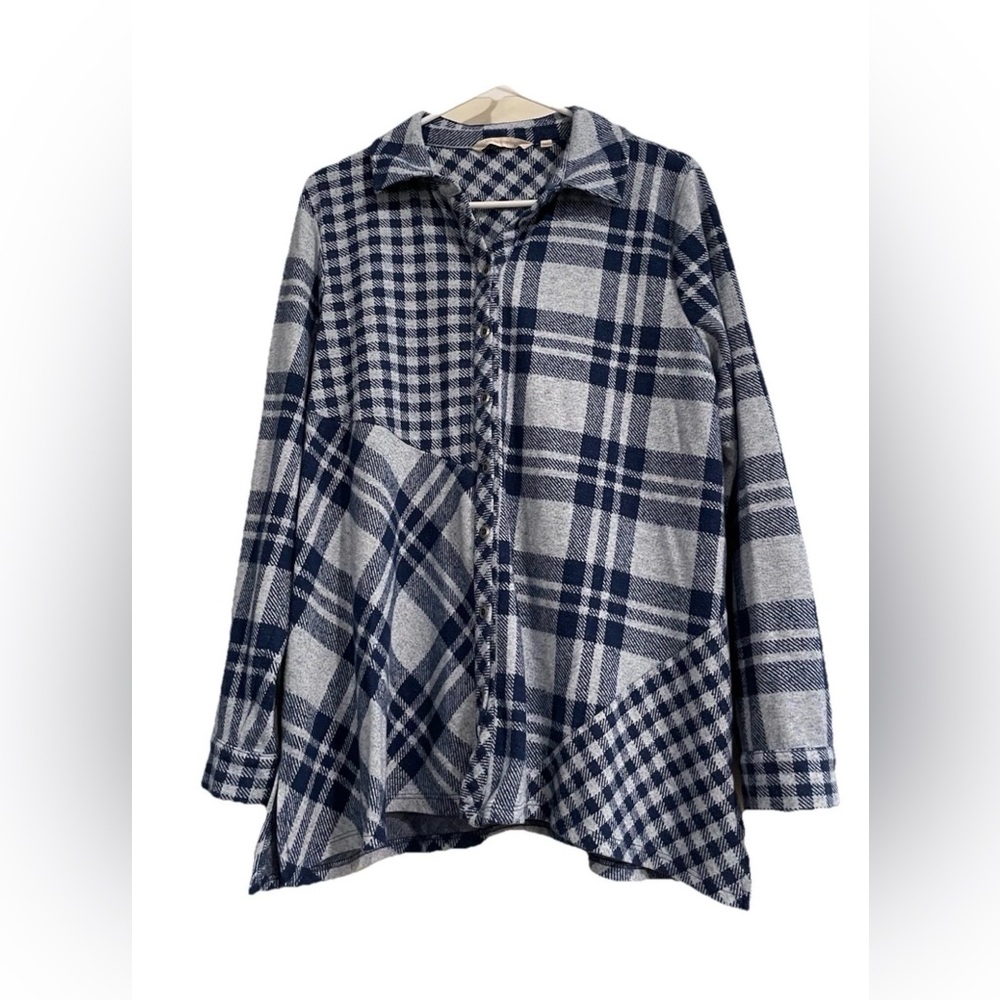 Soft Surroundings Paramour Blue Plaid Tunic button-up shirt Size PXL